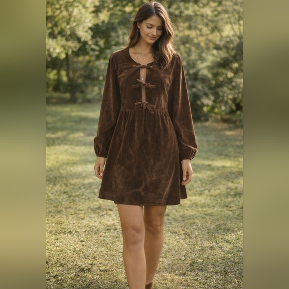 Aaron & Amber Other - Aeron & Amber Brown Velvet Mini Dress Bow Tie Front Cottagecore Boho S